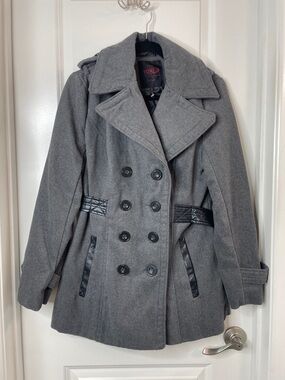 Yoki Gray Double-Breasted Pea Coat with Quilted Trim